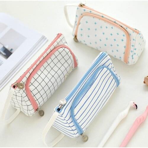 Lovely Fresh Grid Pattern Dot Shape Unisex Student Pen Pencil Case Ruler Holder Canvas Storage Bag Organizer School Stationery