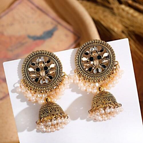 Flower Indian Jhumka Earrings For Women Bohemian Retro Gold Bell Pearl Beads Tibetan Earrings Oorbellen