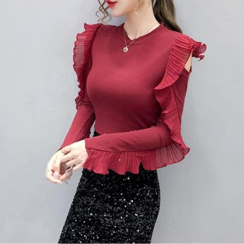 GGRIGHT off shoulder T Shirt Women Ruffle T-Shirt Cotton 2020 Autumn Vintage Long Sleeve Womens Tops Korean Female T-Shirt Femme