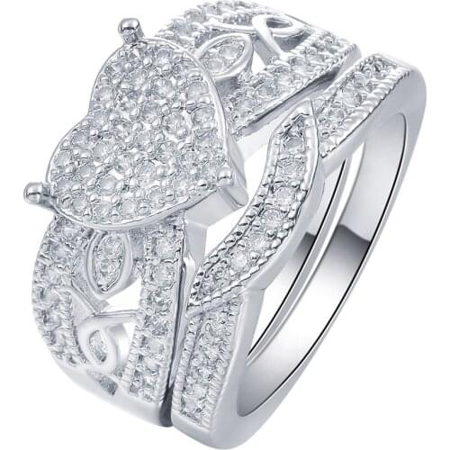 Hainon NEW Heart Womens Rings White Gold Filled CZ zircon Jewelry silver color Romantic Love Lady Wedding Engagement Ring Set