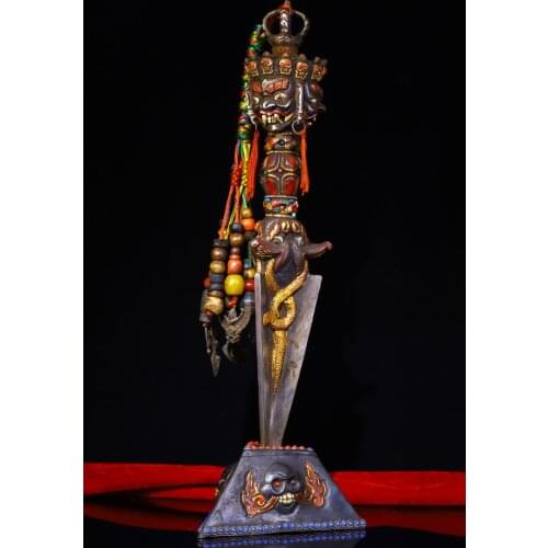 17" Tibet Temple Collection Old Tiantie Tracing mosaic Gem Skull head Three-sided Mahakala Dorje Vajra Phurpa Town House