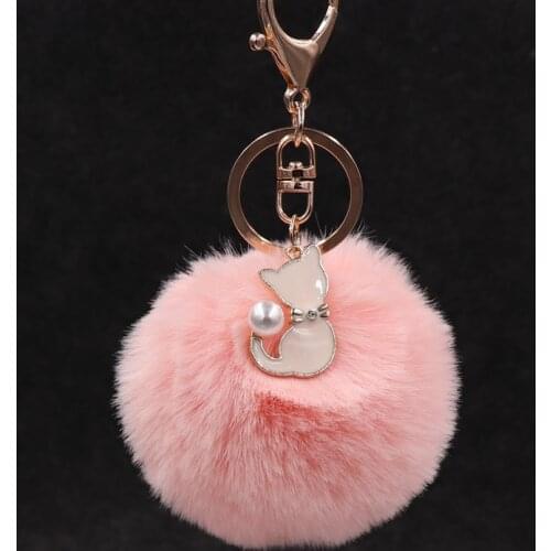 Cute Pink Cat Fur Keychain Fake Fur Ball Key Chain Fluffy Pompon Keyring Bag Charms Key Ring