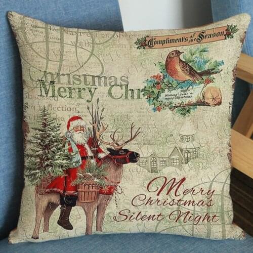 Christmas Santa Claus Deer Printed Cushion Cover Vintage Poster Christmas Decorative Linen Throw Pillow Cover Cushion Cover