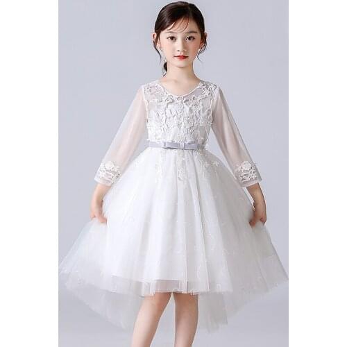 Solid Embroidery Girls Long sleeve Dress Kids Sweet Princess Tailing Dress Birthday Party Ball Gowm Dress Wedding Ceremony Dress