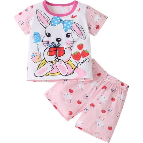 2-6 Years Baby Girls Casual Two-Piece Suit Short Sleeve+Shorts Cartoon Rabbit Print Classic Round Neck Elastic Waist Summer Set
