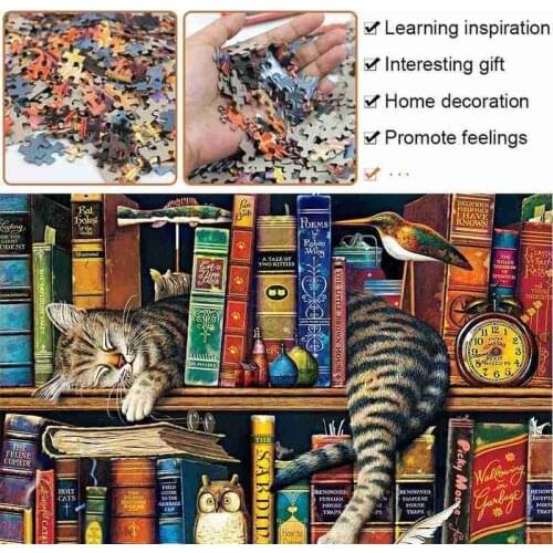 1000 Pieces Jigsaws Puzzles Bookshelf Cat Landscape Puzzles DIY Assembling Toy For Adults Educational Toy Jigsaw Paper Puzzles