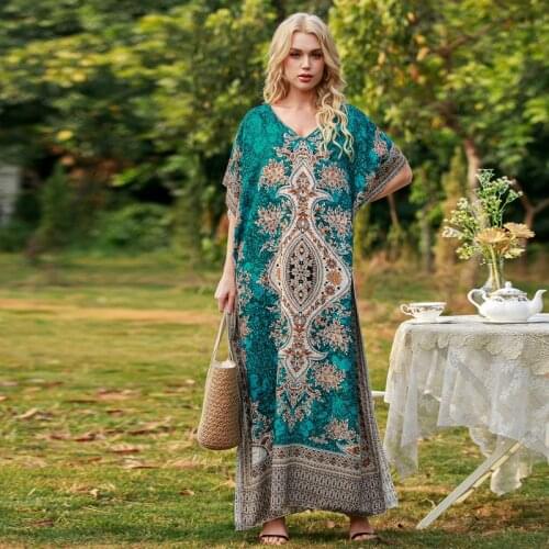 Batik Print Maxi Dress Persia Classical Pattern Women Green Dresses Freesize Morocco Kaftan Resortwear Casual Robe Ladies Abaya