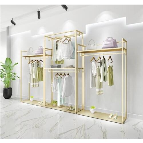 Gold clothing store display shelf floor type double hanging rack mens and womens clothing shop decoration design high cabinet