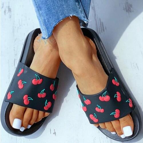 Womens Slippers Soft Slides Ladies Cherry PU Home Bathroom Non Slip Casual Girl Beach Vocation Fashion Summer Shoes Female 2021