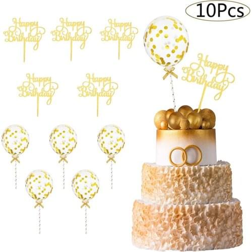 10Pcs/bag Happy Birthday Cake Topper Gold Rose Gold Balloon Cake Toppers Baby Shower Kids Birthday Party Favors Decorations
