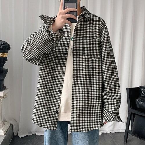 Spring Plaid Shirt Mens Fashion Retro Casual Shirt Men Streetwear Korean Loose Long-sleeved Shirts Mens Large Size M-5XL