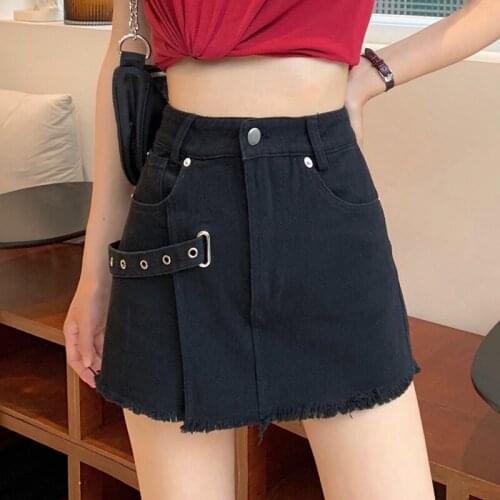 Women Summer High Waist Oversized Sexy Denim Shorts Skirts Chic Summer Fashion Casual Buckle Patchwork Fray Shorts Streetwear