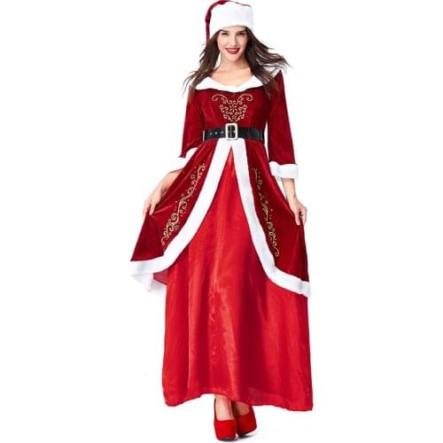 Adult Women Christmas Costume Deluxe Red Velvet Santa Claus Long Dress Fancy Dress