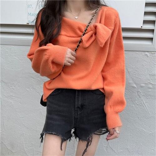 Alien Kitty Slash Neck Bow Pure Color Knitted Sweaters Lantern Sleeves Pullovers Women 2021 Hot Fashion Loose Jumpers Sweet OL