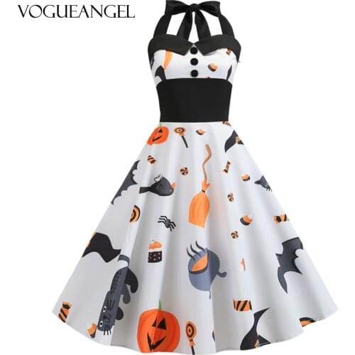 Pumpkin Print Halloween Dress Women 2021 Summer Sleeveless Halter Party Dress robe femme Elegant Vintage Dresses Plus Size