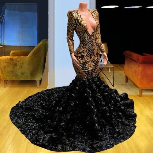African Black Girl Long Sleeve Mermaid Evening Dress 2021 Sexy Deep V Neck Rose Flowers Lace Prom Party Formal Women Gowns
