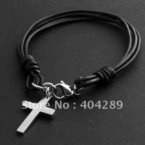 10pcs Stainelss Steel Real Leather Cross Charm Bracelet,Free Shipping
