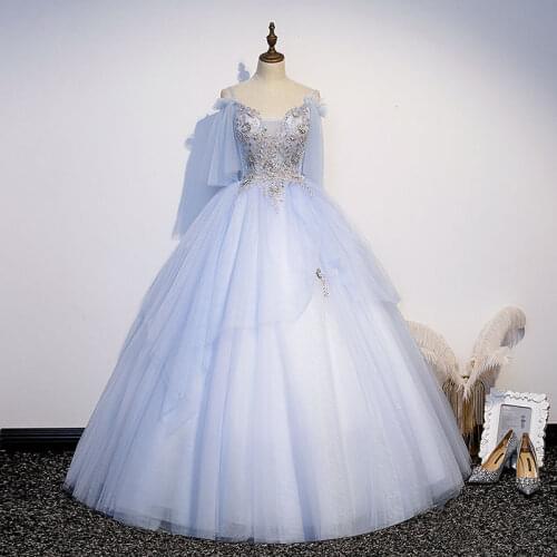 100% real light blue beading embroidery luxury ball gown medieval dress Renaissance gown queen Victorian Belle Ball gown