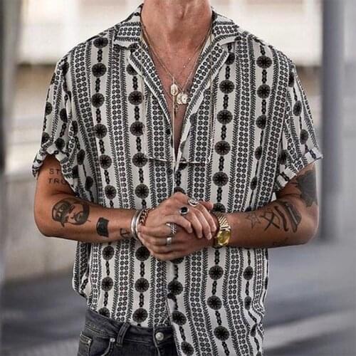 90s Vintage Print Men Lapel Shirts New Casual 2021 Summer Loose Short Sleeve Button Shirt Tops Mens Clothing Fashion Streetwear