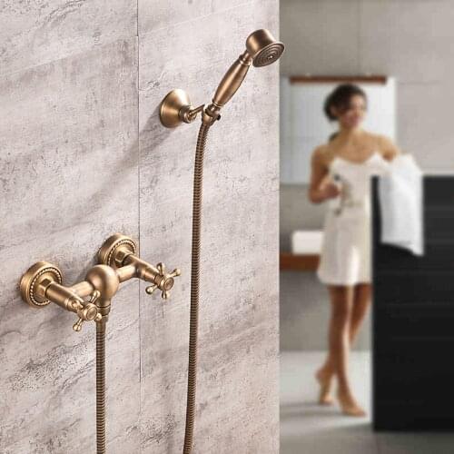 Antique Brass Bathroom Shower Set Wall Mounted Hand Held Shower Head Kit European Style Bathtub Shower Faucet Cold Hot Mixer Tap