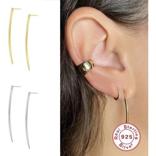 BOAKO 925 Sterling Silver Gold Curved Long Bar Stud Earrings for Women Ivory Teeth Shape Arc Line Hanging Earring Party Jewelry