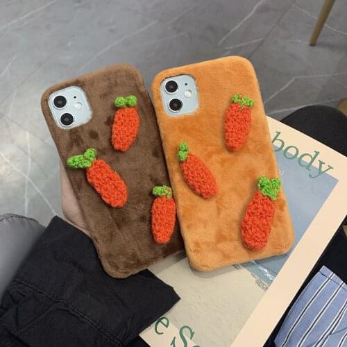 3D Carrot Plush Suede Phone Case For Apple iPhone 11 Pro 12 Max 8 Mini Plus 7 6 X XS XR Cute Soft Warm Shockproof Back Fundas