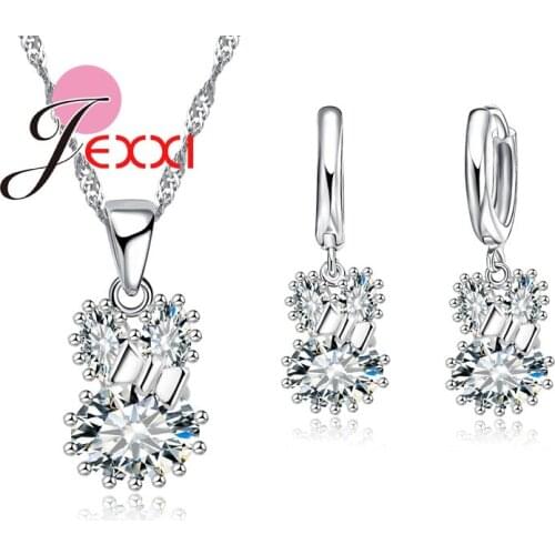 Bow Design White Cubic Zircon Crystal Pendant Necklace Dangle Earrings Sets 925 Sterling Silver Party Jewelry Sets Women