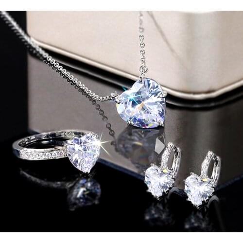Huitan Luxury Heart CZ Women Wedding Sets Ring/Earring/Necklace High-quality Silver Color Love Jewelry Eternity Accessories Bulk
