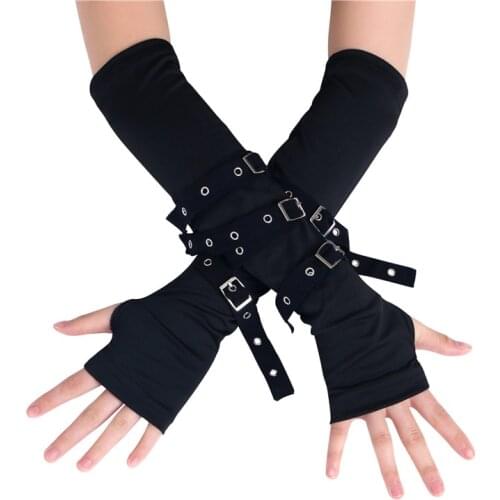 Idopy Women`s Punk Gloves Long Sleeves Buckle Black Gothic Party Cosplay Personality Cool Accessory