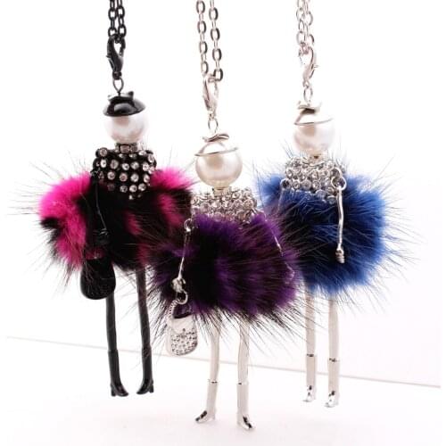 Fashion Lovely Fluffy Doll Necklace Long Chain Jewelry Women Princess Dress French Necklaces Pendants For girls Gifts 8 colors