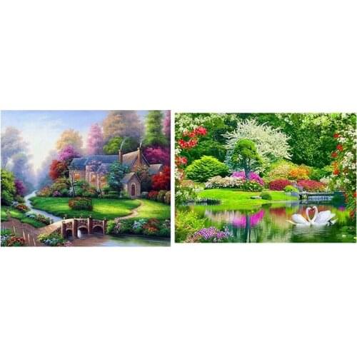 2 Set Diy Diamond Embroidery Diamond Painting Cross Stitch Kits - Lakeview Swan & Cottage