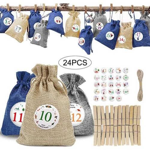 DIY Christmas Advent Calendar Bags Numbers Bag Christmas Ornament Gift Calendar Countdown Bag With Clips Candy Storage Bags 2021
