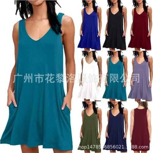 Ss2020 Solid Color Sleeveless Vest Pocket Dress Casual Knee Length Skirt