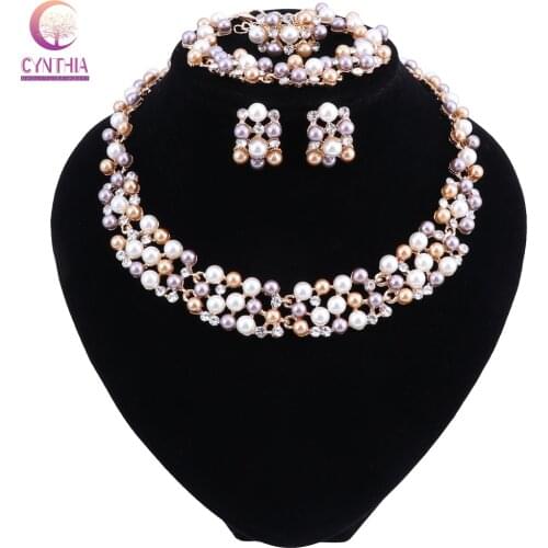 Gold Color Simulated Pearl Bride Wedding Jewelry Sets Crystal Necklace Earrings Bracelets Ring Sets Women Party Gift