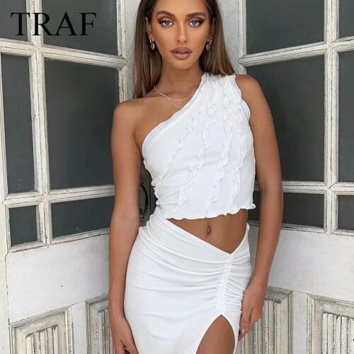 TRAF Womens Clothing 2021 Crop Top Single Shoulder Strap Pleated Asymmetric Top Female Solid Color Vest Sexy Summer Party Club
