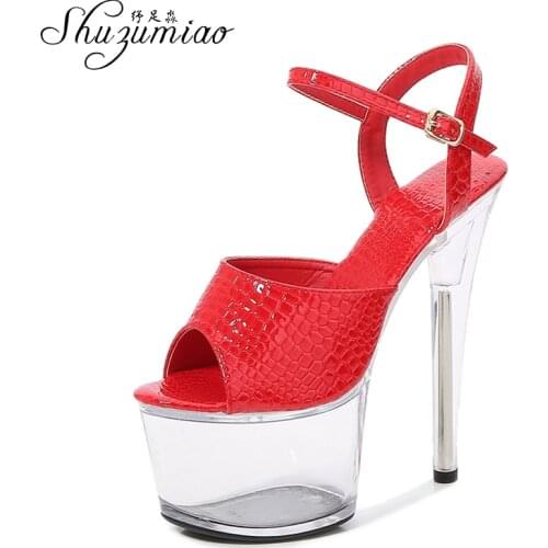 Strip Pole Dance Shoes Stiletto Sandals Thin Heels Buckle Strap Women Shoes Waterproof Platform 2020 New Crystal High Heels 17cm