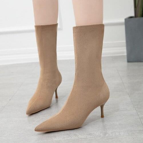 Comfort Stretch Women Sock Boots Square High Heel Ankle Boots Fashion Pointed Toe Fall Stretch Shoes Black Big Size 2020