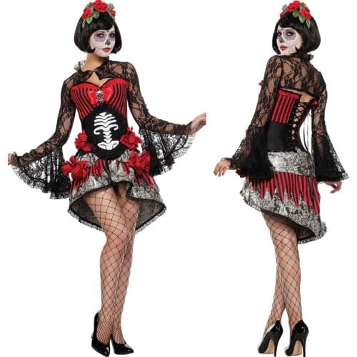 Adult Women Day Of The Dead Halloween Purim Skeleton Costumes Skull Monster Demon Ghost Scary Fantasia Fancy Dress