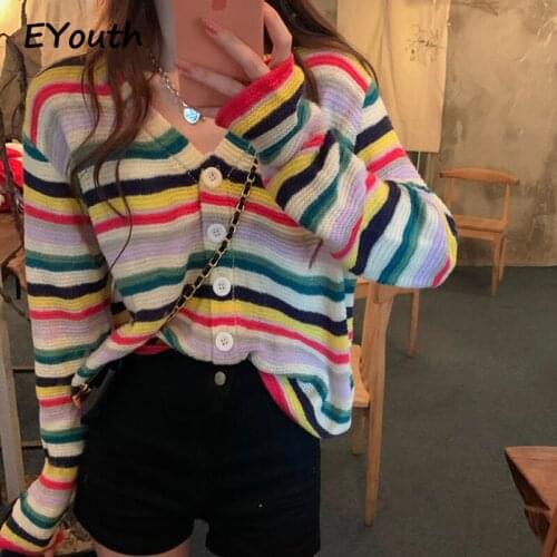 Fashion Women Sweaters 2020 Autumn New Color Contrast Rainbow Stripes V-neck Knitted Cardigan Top Women Loose Lazy Sweater