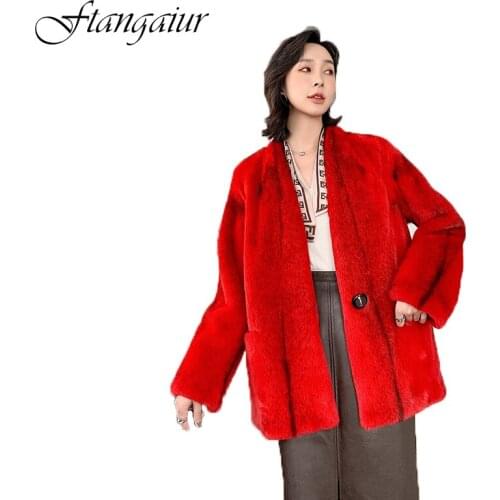 Ftangaiur 2021 Winter Import Cross Velvet Mink Fur Coat V-Neck Single Button Natural Fur Women Short Real Mink Fur Coats