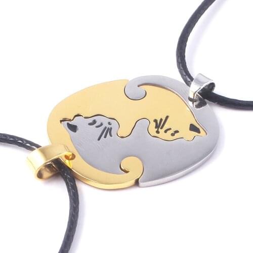 ZRM Stainless Steel White Black And Gold Pet Cat Kitty Pendant Puzzle Matching Necklace Chain For Couple Lover Valentine