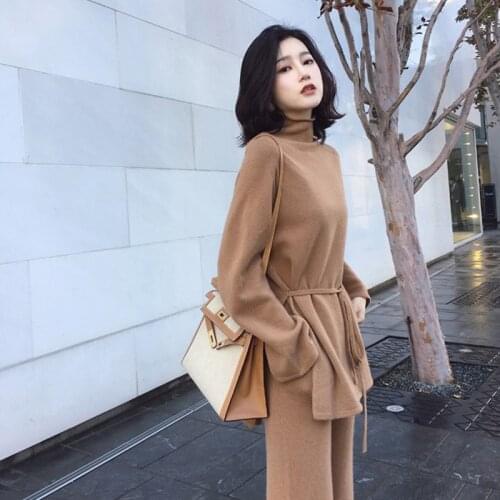 2018 Autumn Winter Office Women 2 Piece Pant kintted Set Runway Fashion Casual Pants Suit top+Pants wool blends Knit suit set
