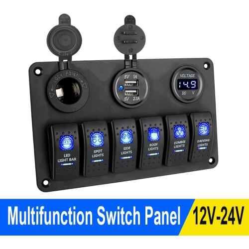 6 Gang Rocker Switch Panel 12V/24V Car Marine Circuit Breaker Digital Voltmeter ON/OFF Lights Dual USB for Car Rv Truck Yacht