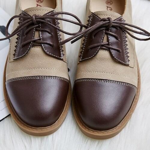 Brand women flats loafers genuine leather patchwork fashion lace up shoes girls Vintage round toe black khaki female sewing shoe