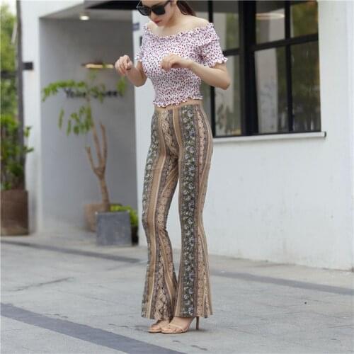 New Boho Summer Womens Stretch Bell Bottom Trousers Ladies Slim Printed Flared Party Pants High Waist Fashion Women Long Pants