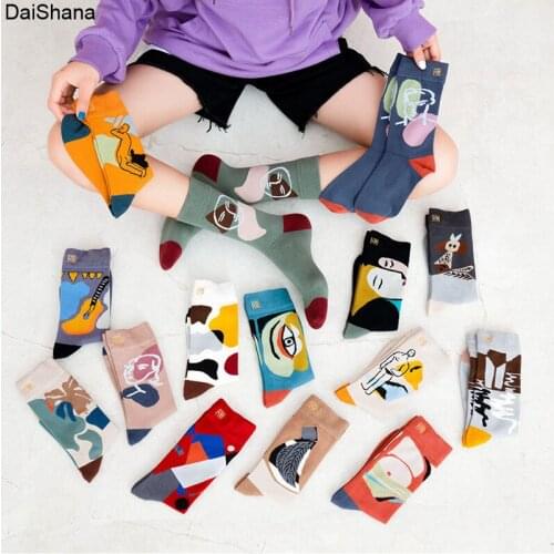 DaiShana Autumn New Crew Socks Women Cotton Cool Contrasting Color Graffiti Character Streetwear Breathable Happy Funny Socks