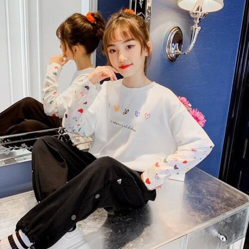 Cotton Girls T-shirt Kids Shirts Teen Casual Long Sleeve Heart Print T-shirt Spring Fall Children O-neck Pullover Shirts Tops