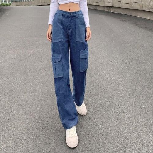 Color-block Denim Cargo Pants Women Jeans Black Boyfriend Cowboy Trousers for Women High-waist Straight-leg All-match Clothes
