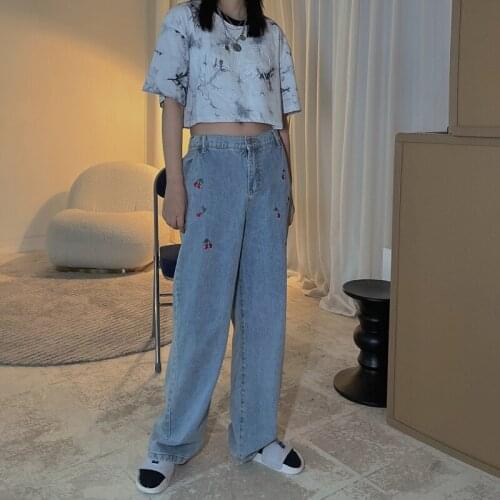 Retro salt embroidery jeans womens loose high waist straight tube wide leg niche design casual