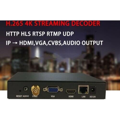 H.265/H.264 4K HTTP HLS RTSP RTMP UDP stream decoder, HDMI VGA CVBS Audio Output